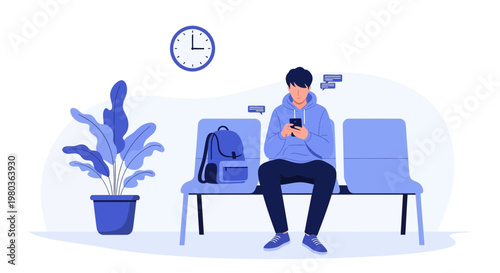 Young man waiting in a modern lounge, looking at his phone, with backpack and plant
