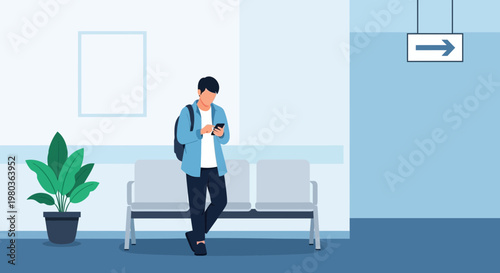 Young man with backpack checking phone while waiting in a modern hallway