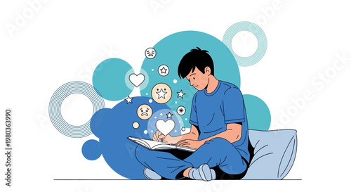 Young man writing in journal, surrounded by emotions and abstract shapes, self-reflection