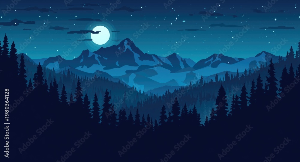 Fototapeta premium Stylized nighttime outdoor scene showing forested mountains and rolling hills for website design