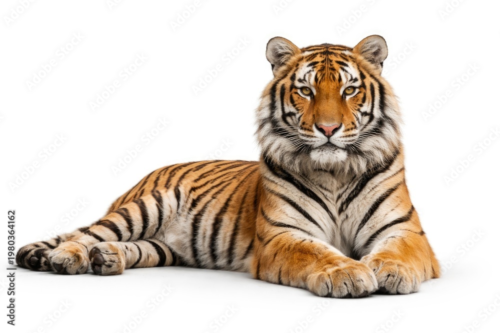 Obraz premium Majestic tiger lying peacefully against a plain white backdrop