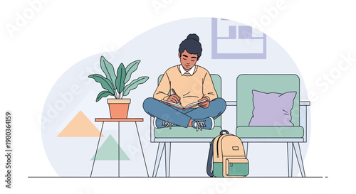 Young person reading a book in a cozy waiting room with plants and backpack