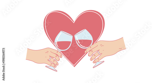 Couple's Hands Toasting with Wine Glasses inside a Red Heart Shape, Celebrating Love on isolated white background