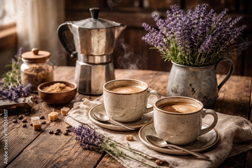 Cozy morning setting with coffee cups pot on rustic wooden table and lavender bouquet