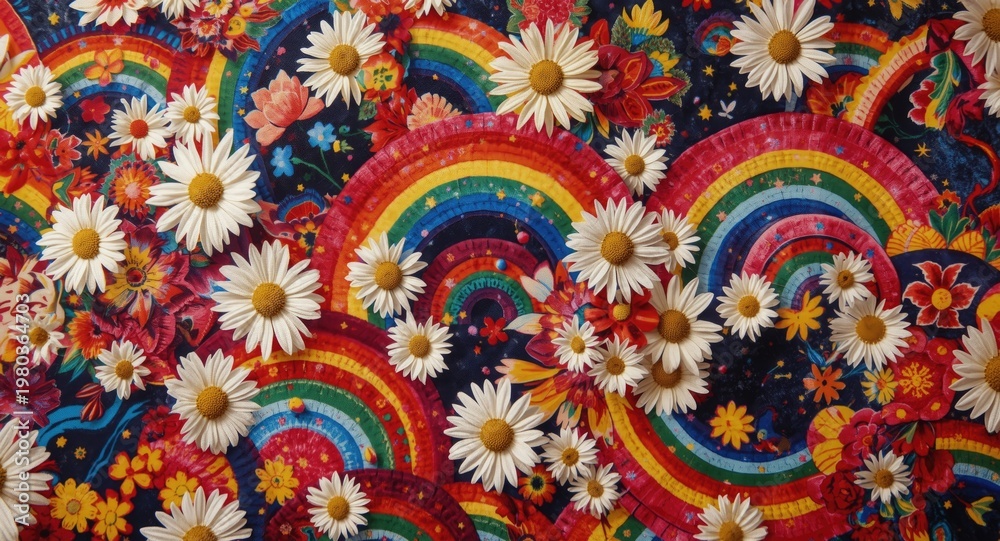 Fototapeta premium Vibrant decorative textile print combining bold rainbow elements and simple daisies