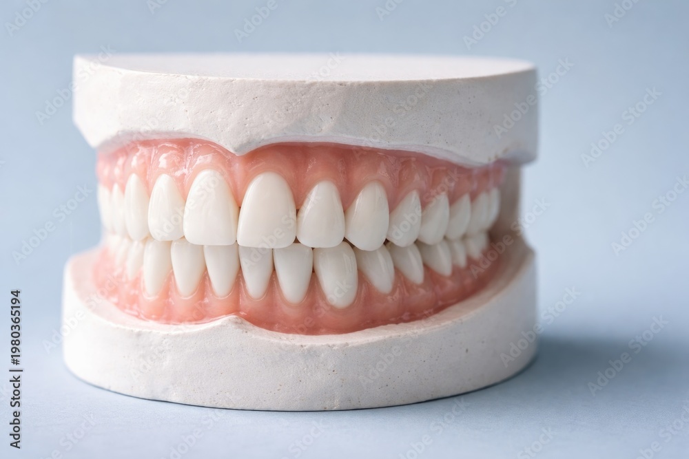 Obraz premium Close up view of a pale plaster denture model with plastic artificial teeth against a soft blue background and copy space