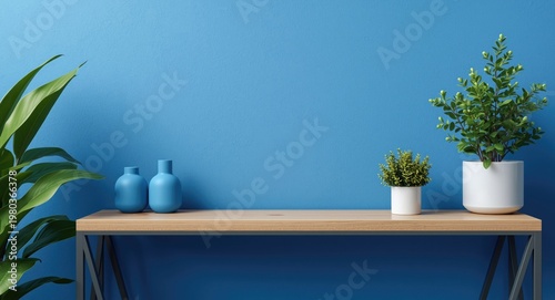 Desk shelf with blue tomes and potted greenery for virtual office backdrop