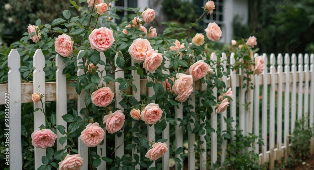 Obraz premium Historic style picket fence graced by delicate pink climbing rose clusters