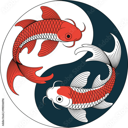 Red and black koi fish, line circular frame white