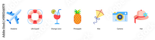 Tropical Adventure web banner icon vector illustration featuring Airplane, Life Guard, Orange Juice, Pineapple, Kite, Camera, and Hat for a vibrant summer holiday.