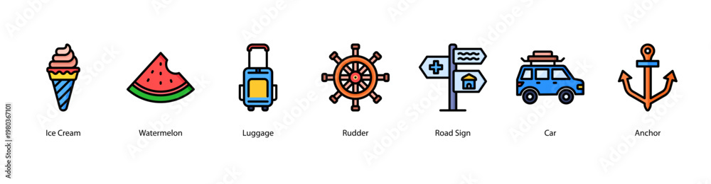 Obraz premium Seaside Journey web banner icon vector illustration featuring Ice Cream, Watermelon, Luggage, Rudder, Road Sign, Car, and Anchor for summer travel vibes.