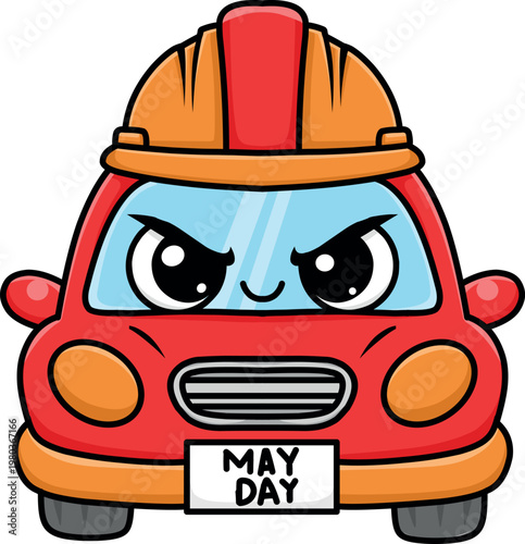 Cute Chibi Fire Truck Cartoon with May Day Theme