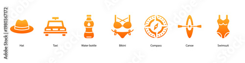Summer Lifestyle web banner icon vector illustration featuring Hat, Taxi, Water Bottle, Bikini, Compass, Canoe, and Swimsuit for tropical beach adventures.