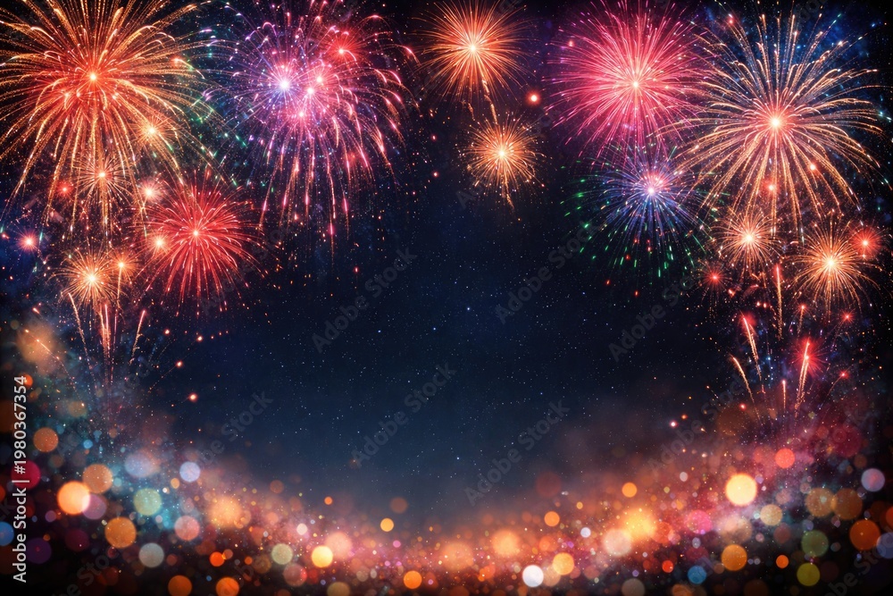 Fototapeta premium Colorful Fireworks Display Illuminating Night Sky with Blank Space for Text