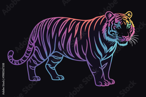 Single-line tiger with flowing mane and tail striped