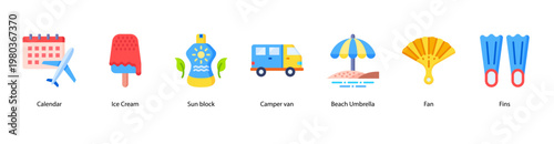 Holiday Planner web banner icon vector illustration featuring Calendar, Ice Cream, Sun Block, Camper Van, Beach Umbrella, Fan, and Fins for a complete summer trip.