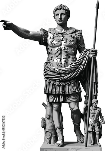 Photos Augustus of Prima Porta Roman Emperor statue illustration, ancient Rome leader in military armor, monochrome vector art on black background