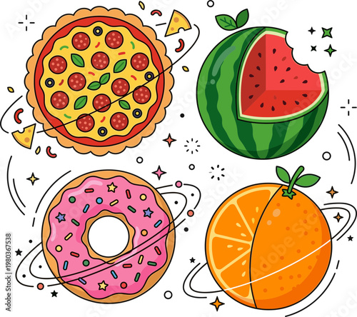 A vibrant and whimsical collection of delicious food items including pizza, donut, watermelon, and orange, artfully arranged with cosmic swirls and stars
