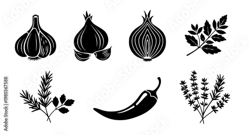 Garlic & Spices Vector Icons – Onion, Chili & Herb Ingredients