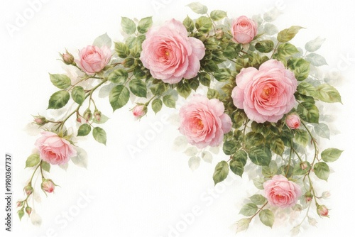 Blooming Climbing Roses Watercolor Painting on White Background