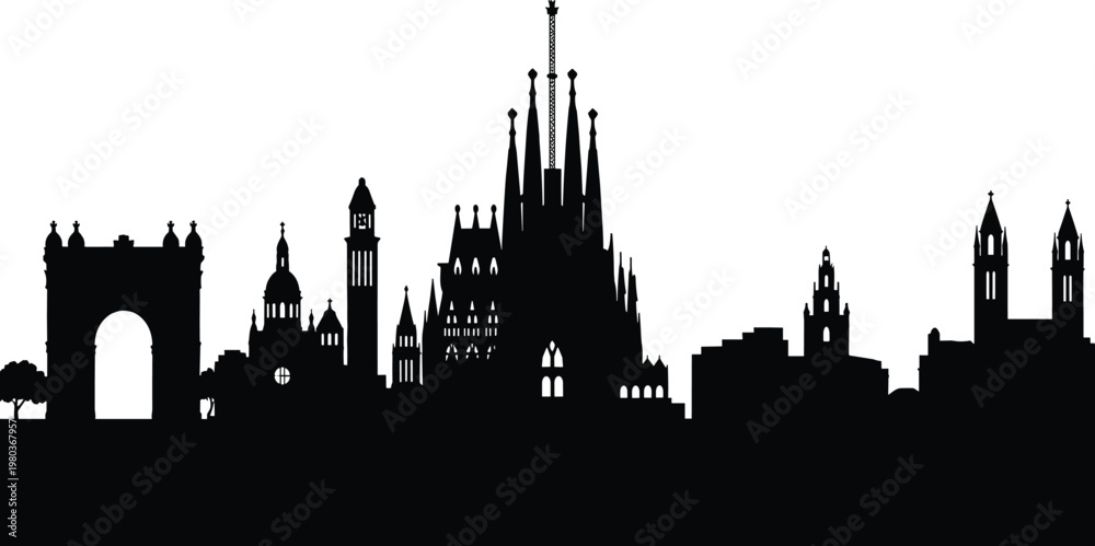 Fototapeta premium Barcelona city skyline silhouette vector illustration featuring Sagrada Familia and Arc de Triomf landmarks for Spain travel and European tourism