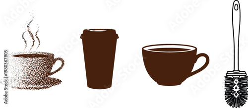 Brown Coffee Cup Icons and Cleaning Brush Vector Set with Stippled Texture Effect for Cafe Branding, Kitchenware Illustration, and Sanitation Design Projects