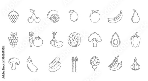 A collection of various fruit and vegetable line icons.