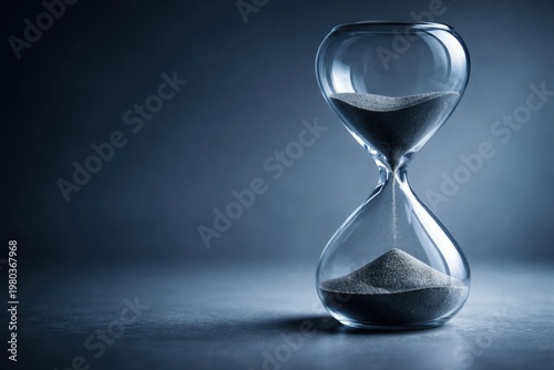 Modern hourglass showing the last countdown moments with cool tones and copy space