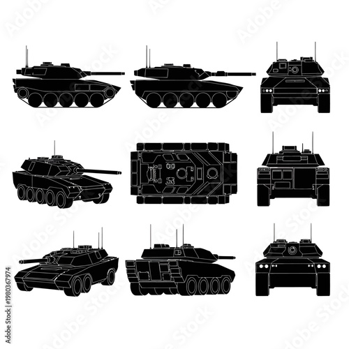 Modern Main Battle Tank Vector Silhouettes, Heavy Military Armor Collection