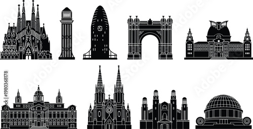 Barcelona city skyline vector icons set, featuring Sagrada Familia, Agbar Tower, and Spanish landmarks, black silhouette architectural symbols on white.