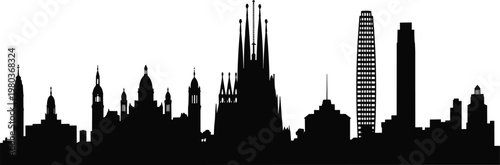 Barcelona Spain city skyline silhouette with Sagrada Familia and famous architectural landmarks isolated icons set for Spanish travel tourism design