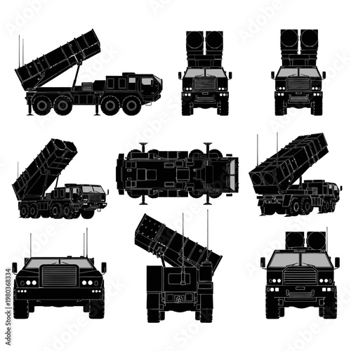 Tactical Surface-to-Air Missile System Launcher Silhouette Vector Set
