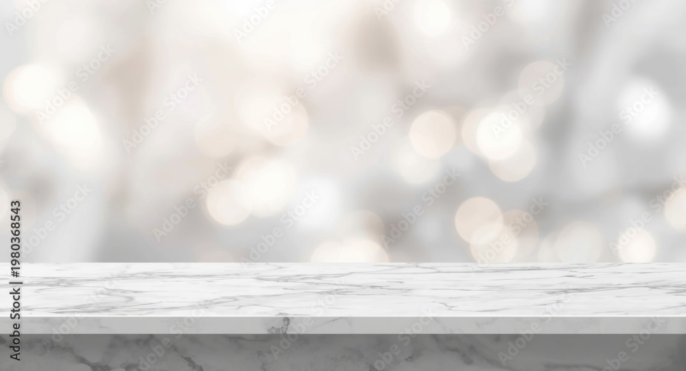 Fototapeta premium Sleek white marble shelf against a soft blurred bokeh backdrop for product mockup