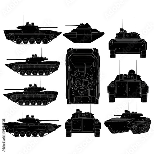 Tracked Infantry Fighting Vehicle Silhouette Vector Set, Armored Transport