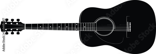 Black acoustic guitar vector silhouette illustration, musical instrument icon for concert poster design, isolated folk music symbol on white background.