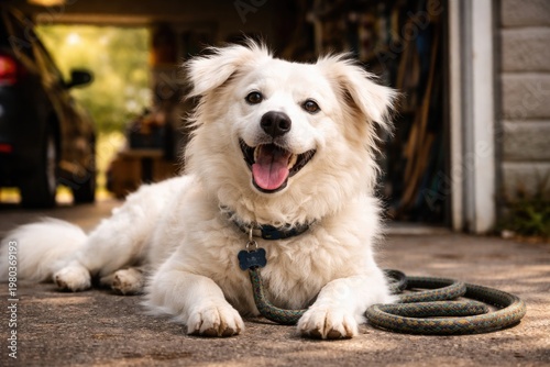 A joyful mixed breed dog with fluffy white fur lying outside a garage eagerly ready for a walk