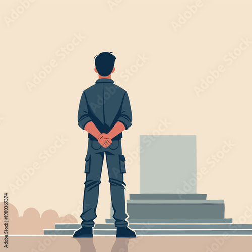 Flat Illustration of Man in Blue Shirt with Hands Behind Back Facing Stone Monument