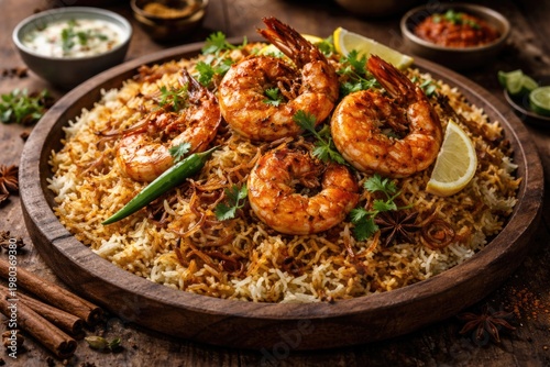 Flavorful prawn biryani presented on a rustic wooden platter with garnish