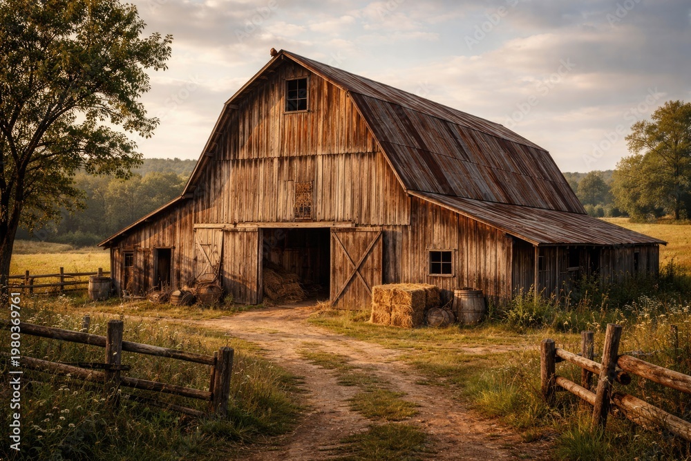 Fototapeta premium rustic wooden barn with weathered exterior in rural setting