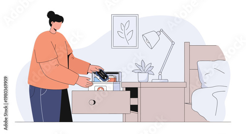 Woman organizing drawer with documents and personal items in bedroom, tidy home concept