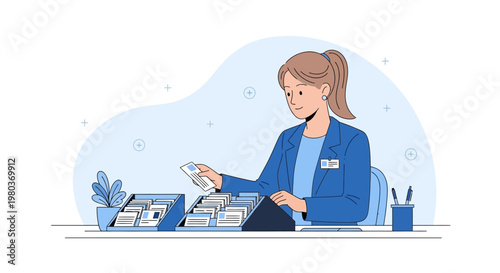 Woman organizing business cards in office, administrative assistant, data management, professional work
