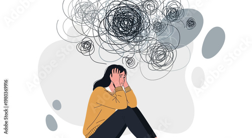 Woman overwhelmed by anxiety and stress, mental health concept, tangled thoughts