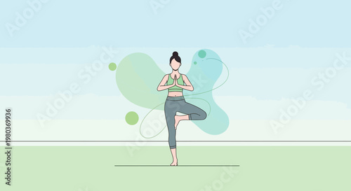 Woman practicing yoga tree pose outdoors, healthy lifestyle, balance and meditation