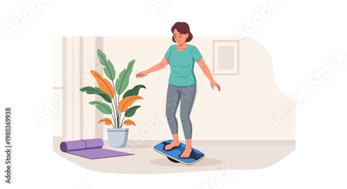 Woman practicing balance and core strength on a wobble board at home