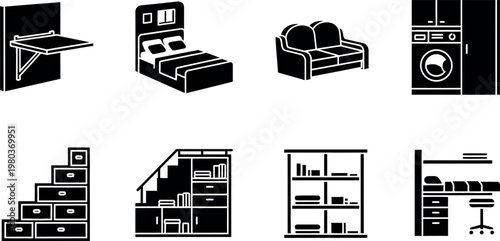A collection of black and white icons depicting various household furniture and appliances