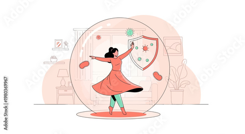 Woman protected by immune system shield against virus inside a protective bubble