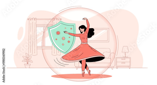 Woman Protected by Shield in Bubble, Dancing Against Viruses