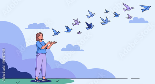 Woman Releasing Birds into the Sky, Symbolizing Freedom and Hope