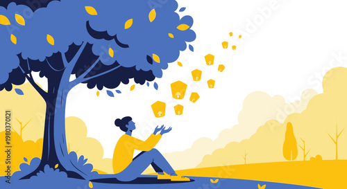 Woman Releasing Lanterns Under Tree, Hopeful Future, Serene Landscape