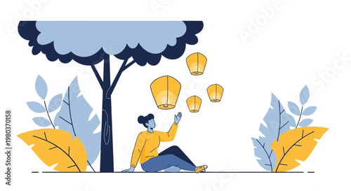 Woman releasing sky lanterns under a tree, symbolizing hope and dreams